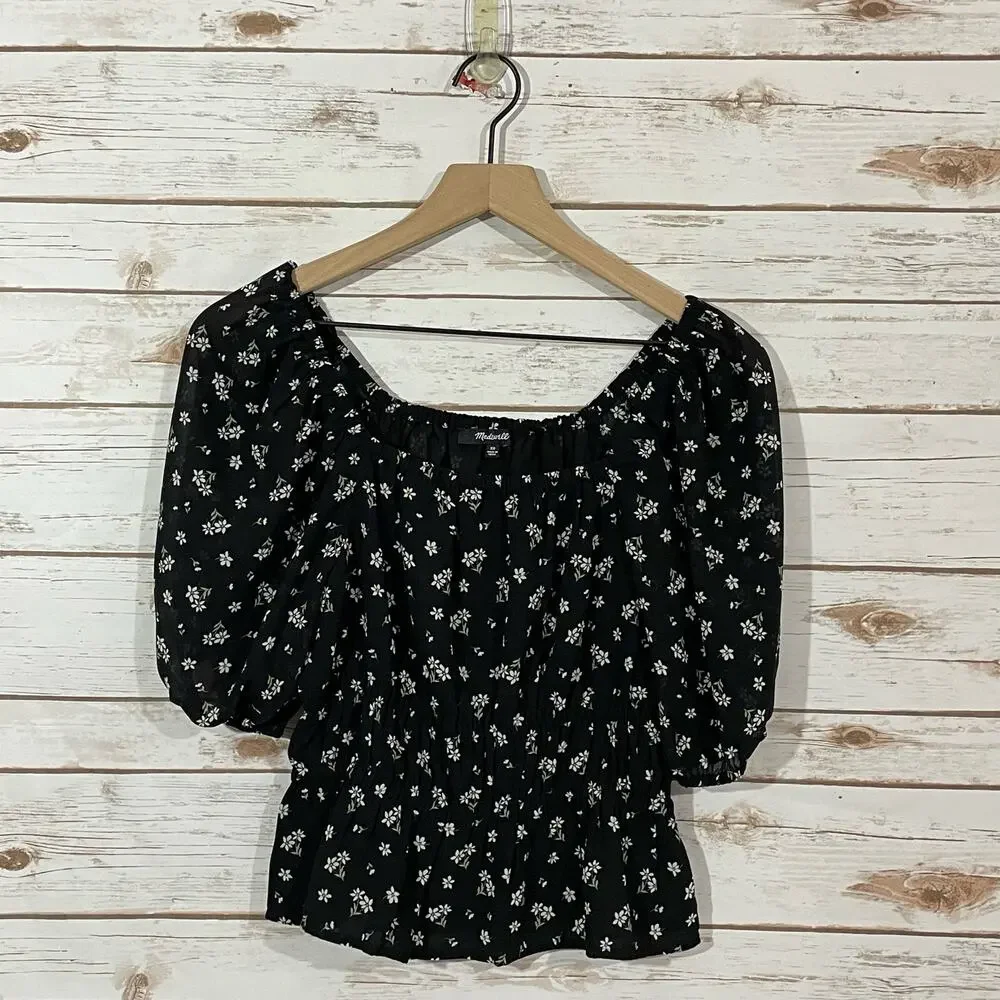 Madewell Zira Shirred Puff Sleeve Blouse - Ditsy Floral True Black - XS
